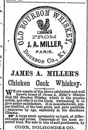 First mention of the Chicken Cock Whiskey name.